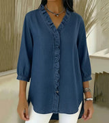 Damen V-Ausschnitt Denim Bluse - Langarm Top Mit Rüschen in Marine Blau