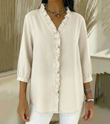 Damen V-Ausschnitt Denim Bluse - Langarm Top Mit Rüschen in Crema