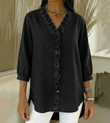 Damen V-Ausschnitt Denim Bluse - Langarm Top Mit Rüschen in Schwarz
