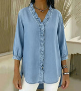 Damen V-Ausschnitt Denim Bluse - Langarm Top Mit Rüschen in Hellsblau