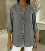 Damen V-Ausschnitt Denim Bluse - Langarm Top Mit Rüschen in Grau