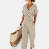 Elegantes Damen-Set mit Kreuzdesign und weiter Hose in Beige