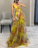 Elegantes Maxikleid mit Blumendruck für Damen Frühling in Gelb