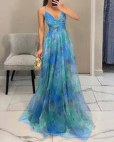 Elegantes Maxikleid mit Blumendruck für Damen Frühling in Blau