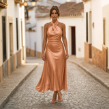 Elegantes Midikleid Damen Neckholder Tailliert in Aprikose