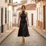 Elegantes Midikleid Damen Neckholder Tailliert in Schwarz