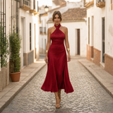 Elegantes Midikleid Damen Neckholder Tailliert in Rot