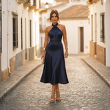 Elegantes Midikleid Damen Neckholder Tailliert in Marineblau