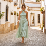 Elegantes Midikleid Damen Neckholder Tailliert in Hellgrün