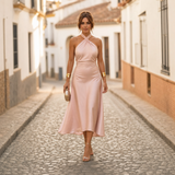 Elegantes Midikleid Damen Neckholder Tailliert in Hellrosa