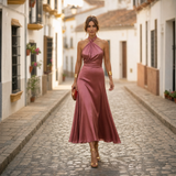 Elegantes Midikleid Damen Neckholder Tailliert in Dunkelrosa