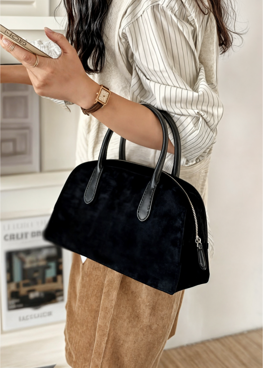 Echte Wildleder Handtasche Damen – Kleine Schultertasche mit Reißverschluss