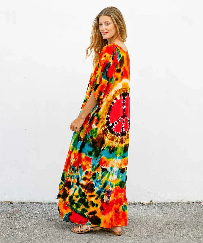 Hippie-Maxikleid mit Peace-Zeichen | Farbenfroh & Boho-Chic | Festival-Look