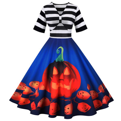 Damen Halloween-Kleid mit Kürbis-Print | Gestreiftes Oberteil & Midi-Länge
