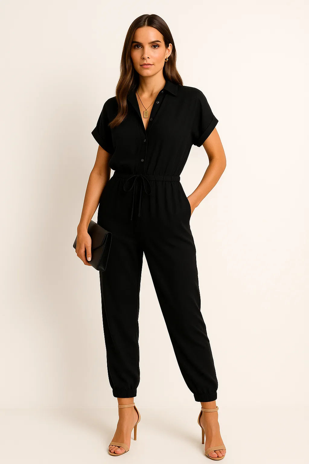 Geknöpfter Jumpsuit mit Schnürgürtel