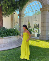 Gelbes Maxikleid mit Falten und trägerlosem Design für Damen in Limonengelb