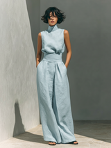 Damen Leinen Zweiteiler Set - Rollkragen Top Weite Hose in Hellsblau