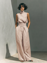 Damen Leinen Zweiteiler Set - Rollkragen Top Weite Hose in Hellsrosa