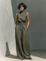 Damen Leinen Zweiteiler Set - Rollkragen Top Weite Hose in Militärgrün