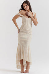 Gerafftes Schulterfreies Kleid - Linda in Beige