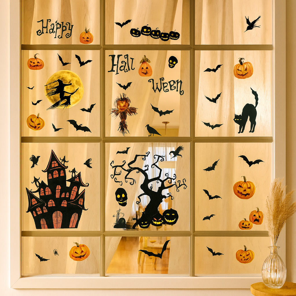 Gloomora | Halloween-Fensteraufkleber-Set mit Fledermäusen und Skeletten