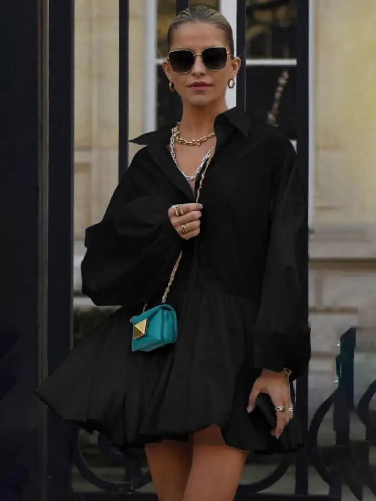 Avelena | Damen Weiß Puffärmel Plissiertes Minikleid