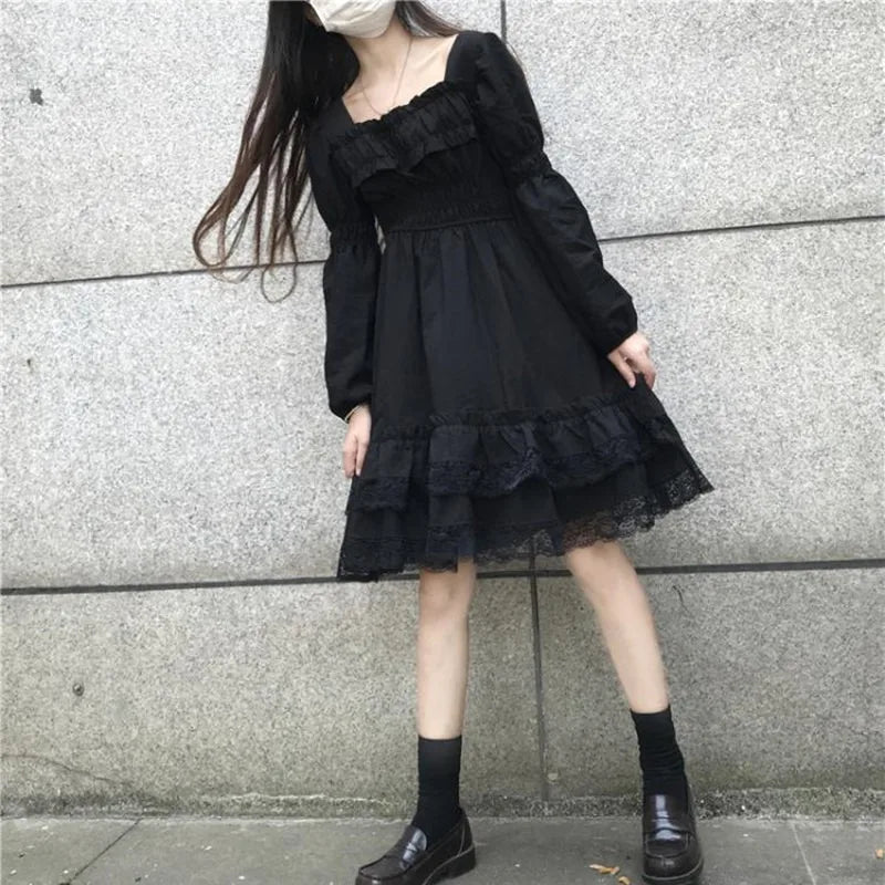 Avelena | Gothic Schwarzes Spitzenrüsch Midi Kleid