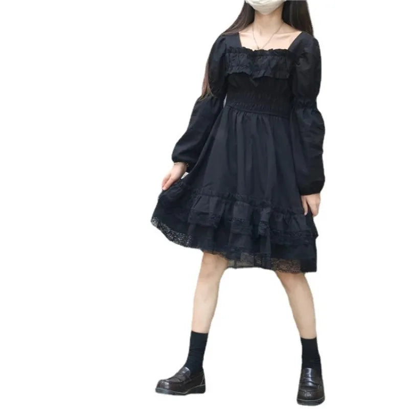 Avelena | Gothic Schwarzes Spitzenrüsch Midi Kleid