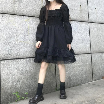 Avelena | Gothic Schwarzes Spitzenrüsch Midi Kleid