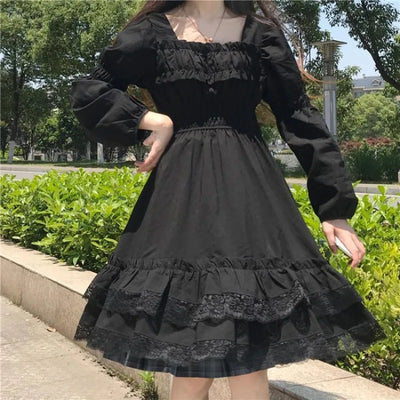 Avelena | Gothic Schwarzes Spitzenrüsch Midi Kleid
