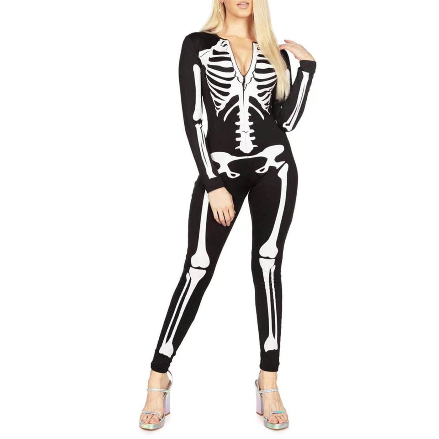 Damen Skelett Halloween-Kostüm Jumpsuit | Einteiler mit Langarm
