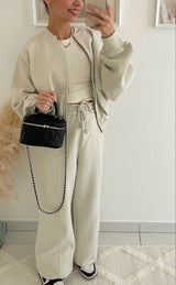 Damen Lässiges Passendes Trainingsanzug Set – Bequemes Zweiteiler Outfit in Beige