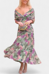 Iselina | Elegantes langes Damenkleid mit V-Ausschnitt in Lila Grün