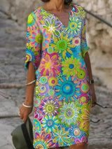 Kleid mit Blumendruck und V-Ausschnitt | Damen Frühlingskleid in Grün
