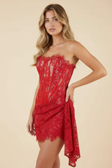 Kurzes Korsett-Spitzenkleid Damen | Elegantes Abendkleid in Rot