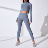 Langarm Crop Top Set - FitAura in Blaugrau