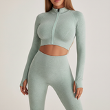 Langarm Crop Top Set - FitAura in Grün