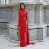 Langes Drapiertes Damenkleid | Elegantes Abendkleid mit Einem Träger in Rot