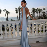 Langes Drapiertes Damenkleid | Elegantes Abendkleid mit Einem Träger in Blau