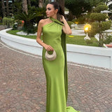 Langes Drapiertes Damenkleid | Elegantes Abendkleid mit Einem Träger in Grün