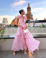 Langes ärmelloses Blumenkleid Damen Sommerkleid in Rosa