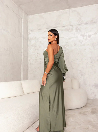 Isabelle | Abendkleid Lang mit One-Shoulder-Design und Hoch Schlitz aus Satin
