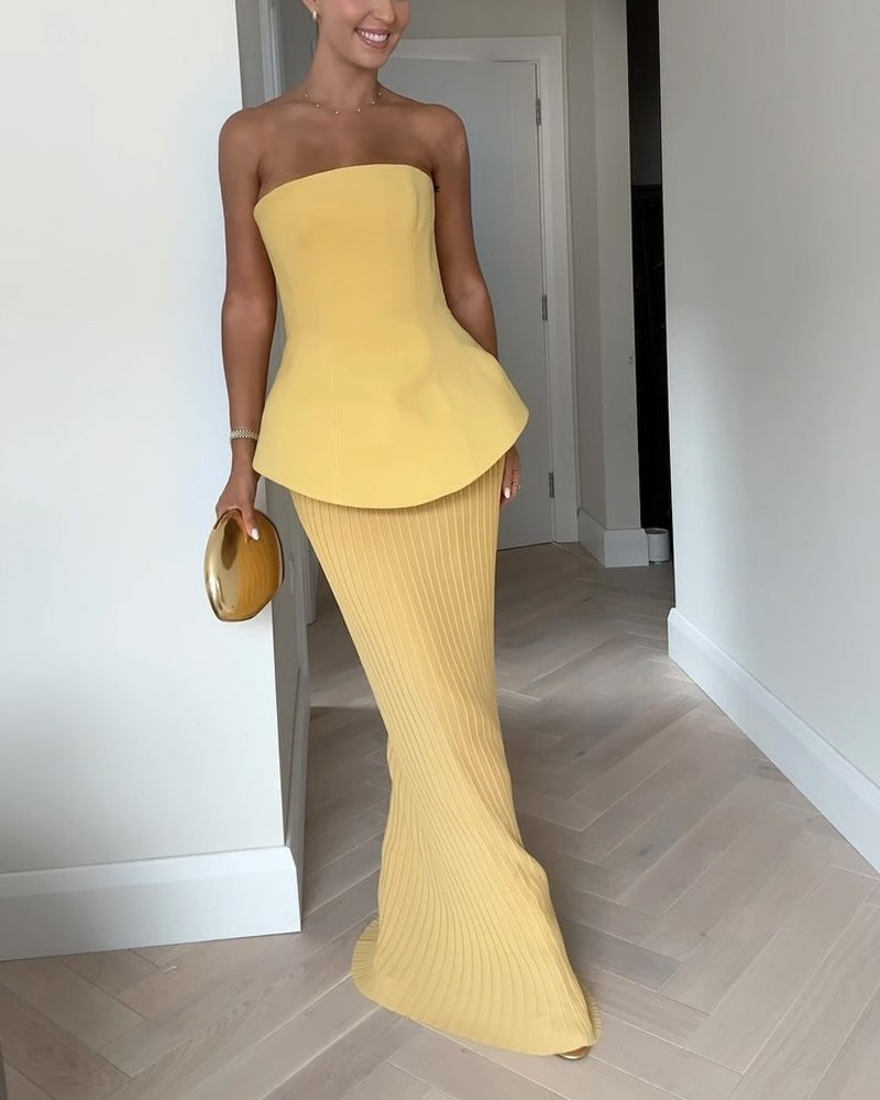 Clara | Trägerloses Abendkleid Lang mit Plissiertem Rock für Formelle Anlässe