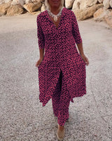 Damen Gemustertes Button-Up Hemdkleid Und Passende Hose Set – Schickes Zweiteiler Outfit in Fuchsia