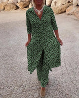 Damen Gemustertes Button-Up Hemdkleid Und Passende Hose Set – Schickes Zweiteiler Outfit in Grün