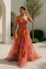 Mehrfarbiges V-Ausschnitt Kleid | Festliches Damenkleid in Orange