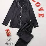 Mirla Satin Pyjama-Set Damen | Elegantes Lounge-Set Langarm in Schwarz