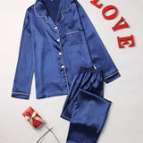 Mirla Satin Pyjama-Set Damen | Elegantes Lounge-Set Langarm in Marineblau