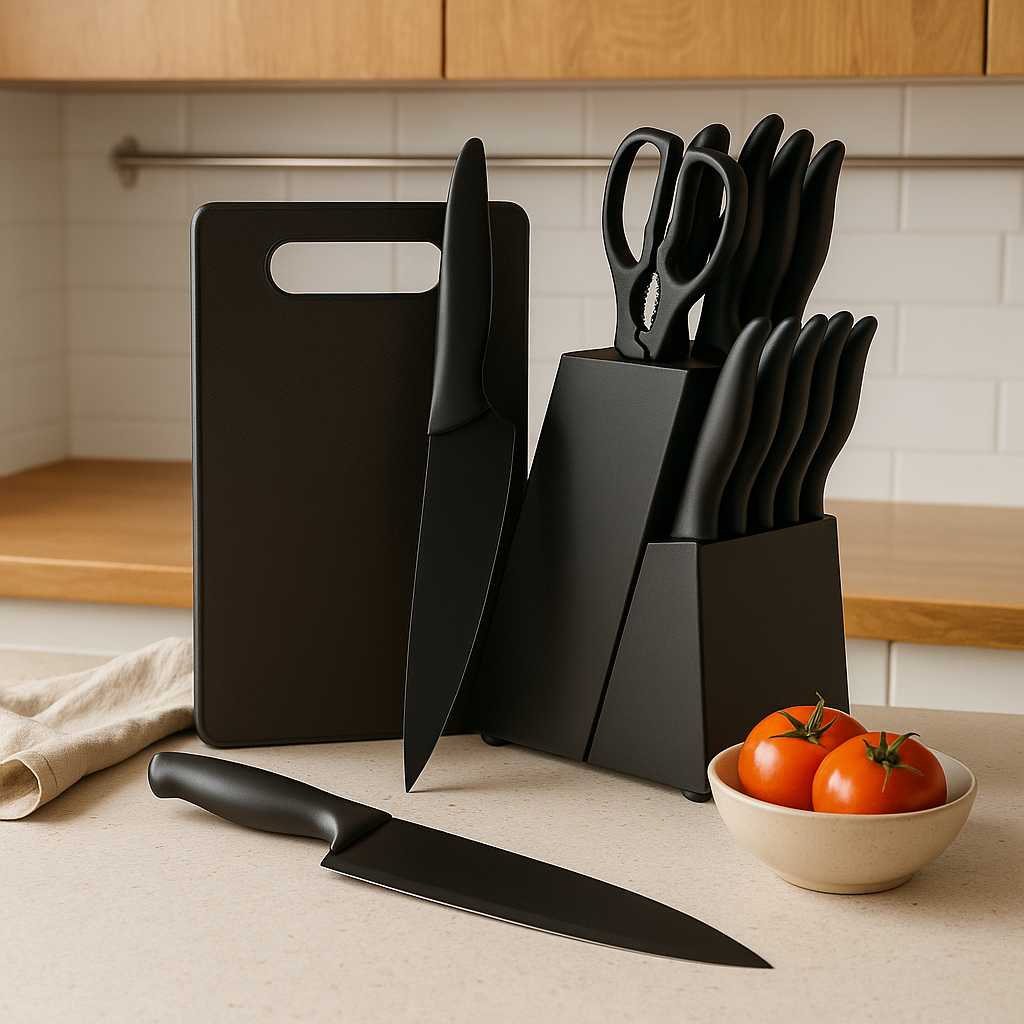 Noiresta | 15-teiliges Kochmesserset mit schwarzem Holzblock und Zubehör