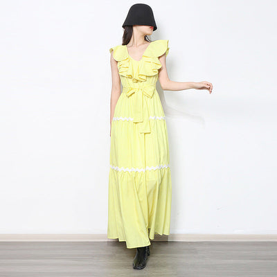 Maxikleid mit Voluminösen Rüschen & Tailliertem Bund | Damen Sommerkleid